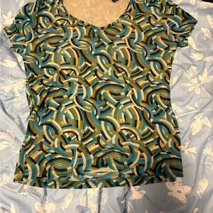 New York & Company Teal and Yellow Geometric Short Sleeve Top